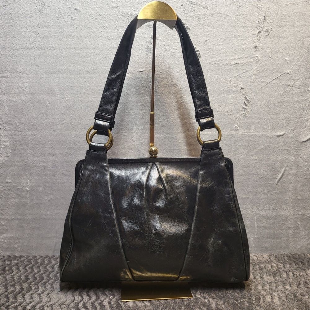 HOBO Black Leather Shoulder Bag with Kisslock Closure